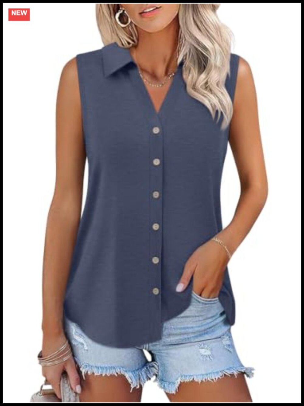 Women Button Down Tank Top Collared V Neck Sleeveless Business Casual